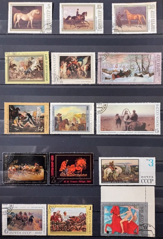 HORSES IN PAINTINGS. RUBENS. DURER. GAUGUIN. 77 STAMPS + 2 BLOCK. LOT IN GERMANY