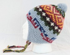 Colorful Soft Alpaca Chullo Gray Beanie Pom Pom Earflap Unisex Handmade Boho