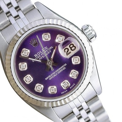 Rolex Datejust Steel Purple Diamond Dial 14KW Fluted Jubilee Watch w/Box & Paper
