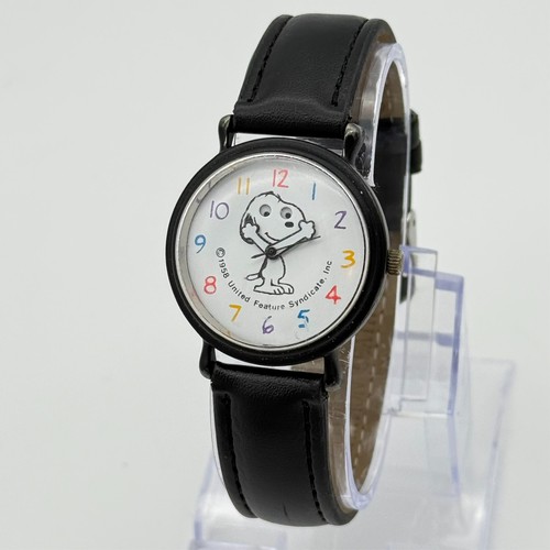 Vintage Unisex SNOOPY Moving Eyes & Arms Quartz Watch, 31.5mm, Black Band, Runs
