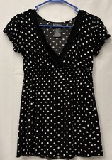 Women  s Black White Polka Dot Smocked Baby Doll Blouse Lace Trim Short Sleeve S