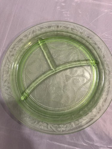 Vintage Green Depression Glass Divided Relish Plate Floral Etched Serving Dish