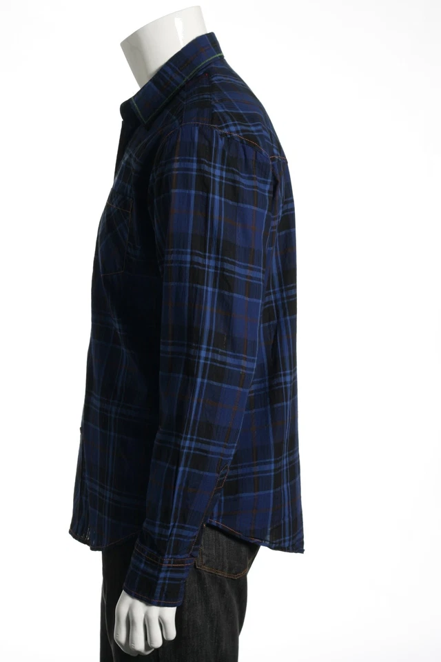 EQ Equilibrio Mens Blue Plaid 100% Cotton Button Down Sport Shirt (Large, Blue) - Image 2 of 4