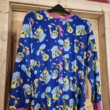 Looney Tunes Tweety Bird Fleece Union Suit Blue Polka Dot Footed Pajamas XXL 2X