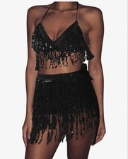 NEW Belly Dance Skirt Bra Top Sequins Fringe Skirt Set Rave Dance One Size