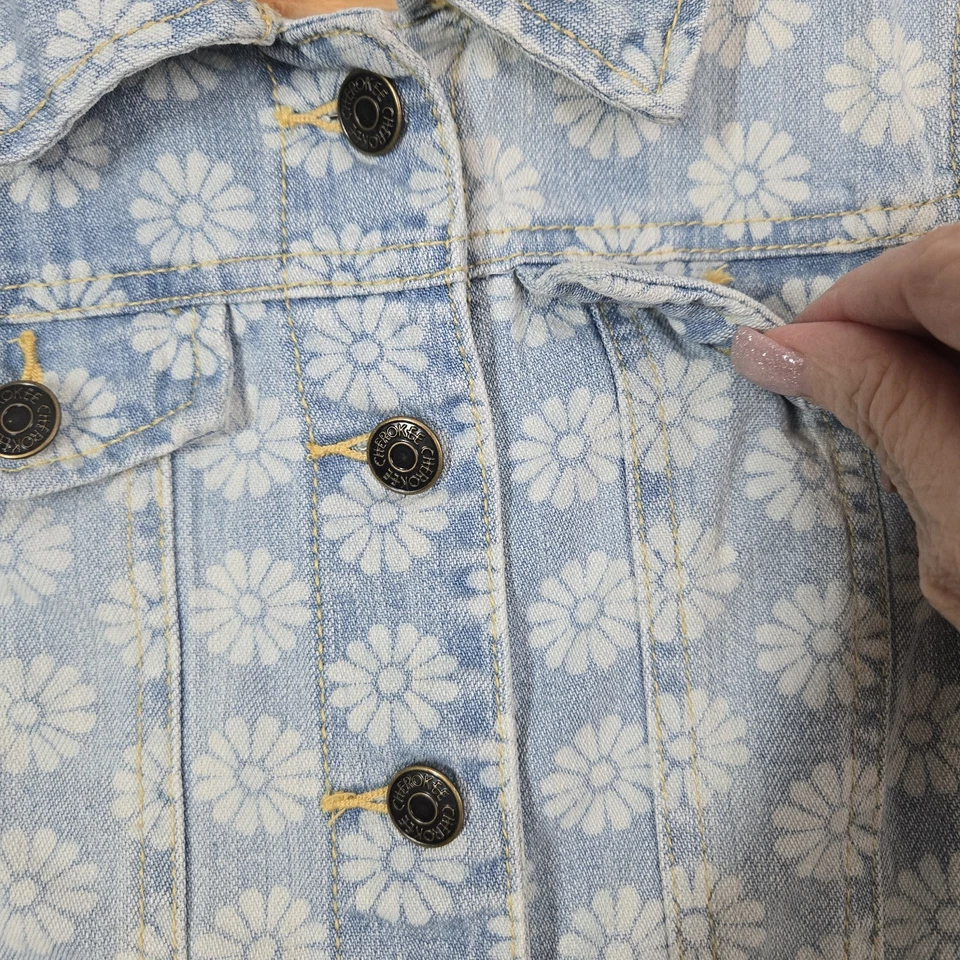 Cherokee Denim Vest Girls 7/8 Blue Floral Daisies Button Front Boho Hippie Flwr - Image 3 of 4