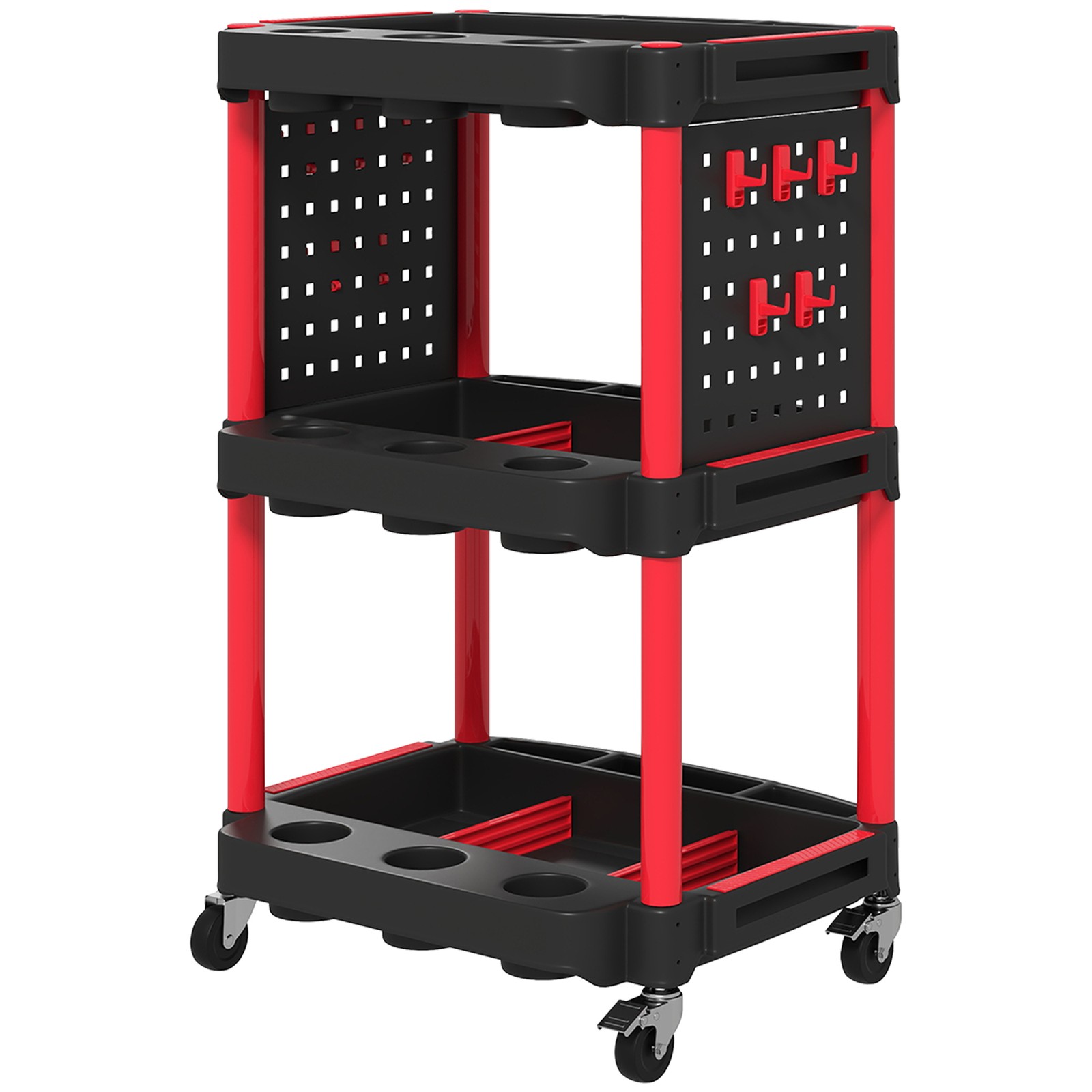 HOMCOM Carrello Porta Utensili 3 Livelli in Plastica e Pannello Laterale Rosso