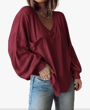 Long Sleeve Shirt Casual V-Neck Ribbed Knit Pullover Loose Tunic Top in L Large