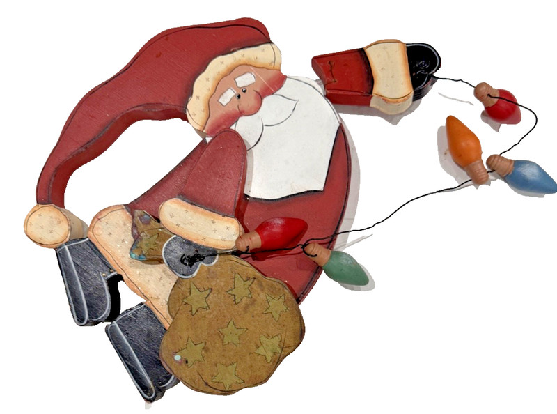 Hand-Painted Wooden Santa Christmas Wall Hanging Ornament Lights Vintage