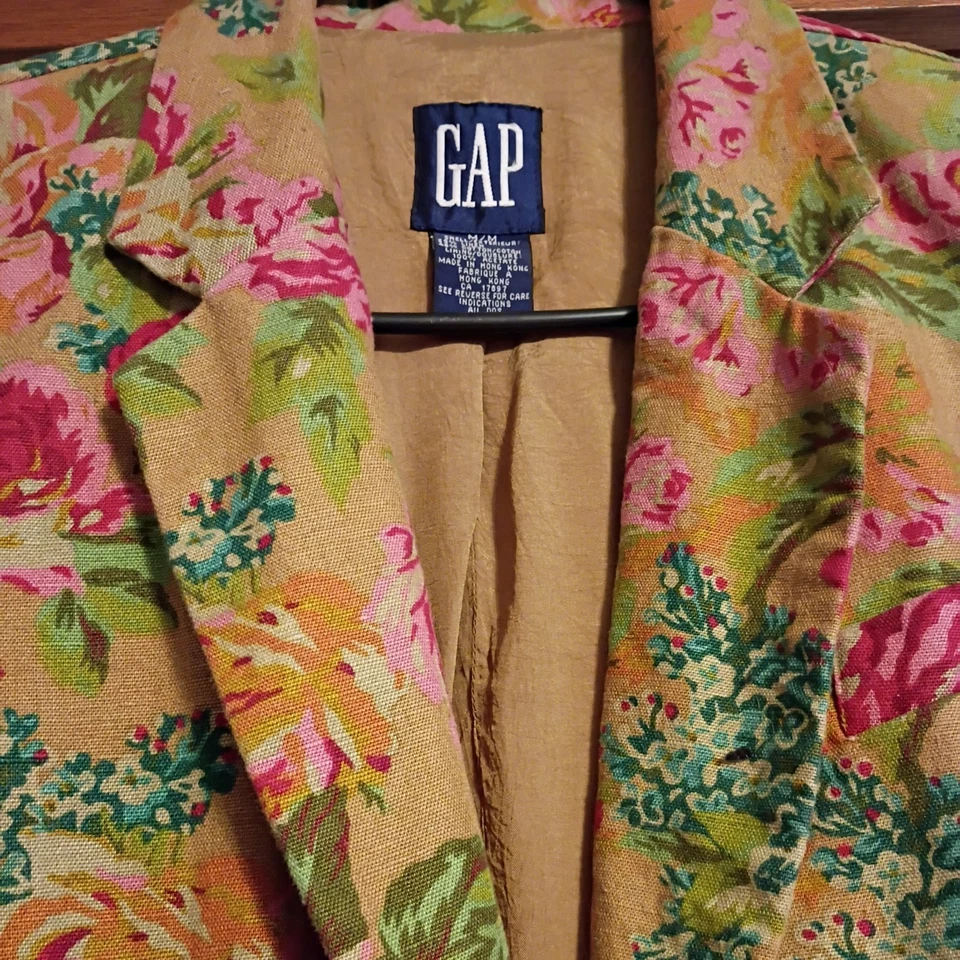 Vintage 90’s GAP Floral Linen Cotton Blazer Boyfriend Jacket Sz M Cottagecore - Image 3 of 4