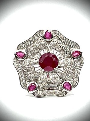 GP Collection Niassa Ruby (FF) & White Zircon 7.40 ctw Ring Rhodium Over 925 SS