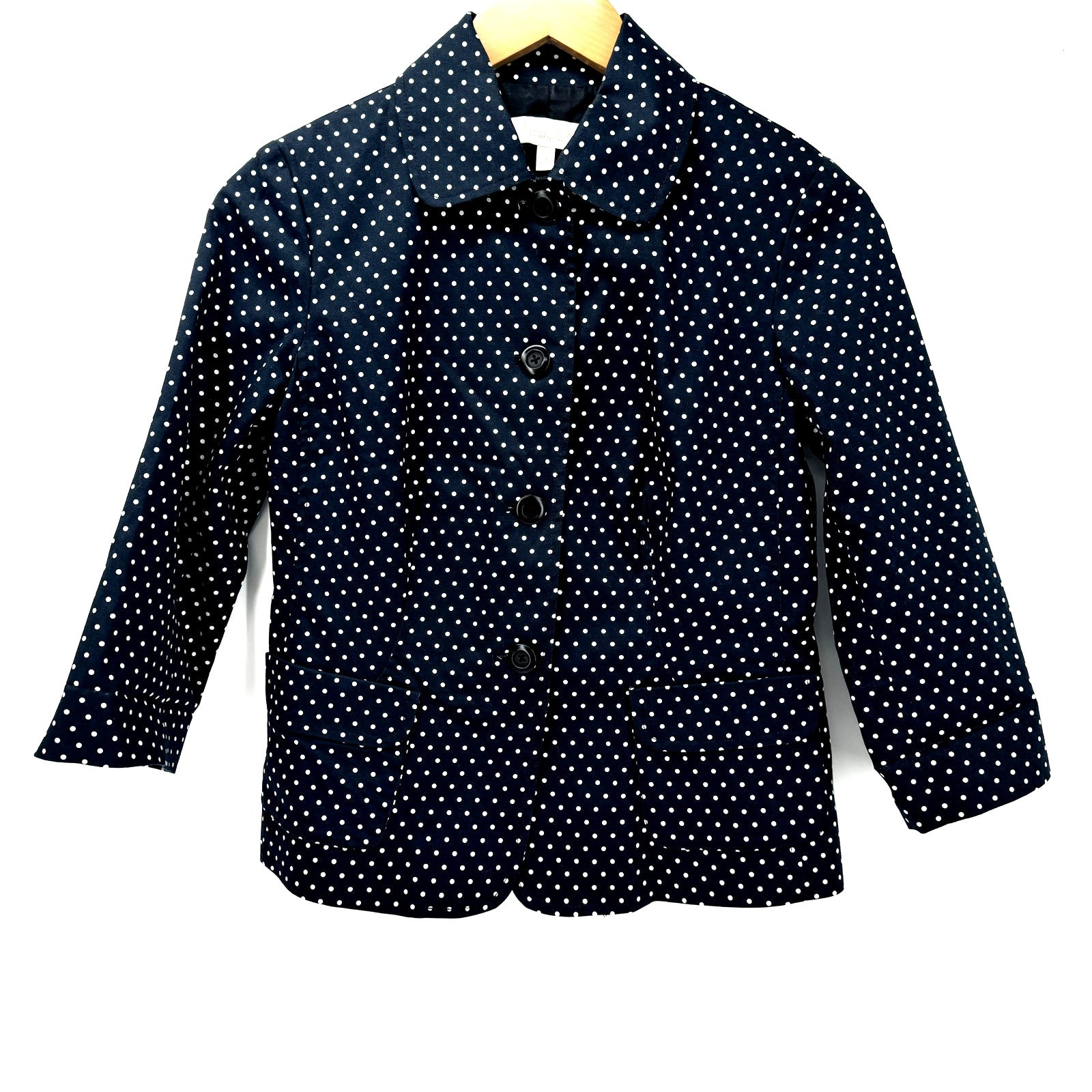 Talbots Blazer Womens Petite 2 2P Blue White Polka Dot 3/4 Sleeve Button Up