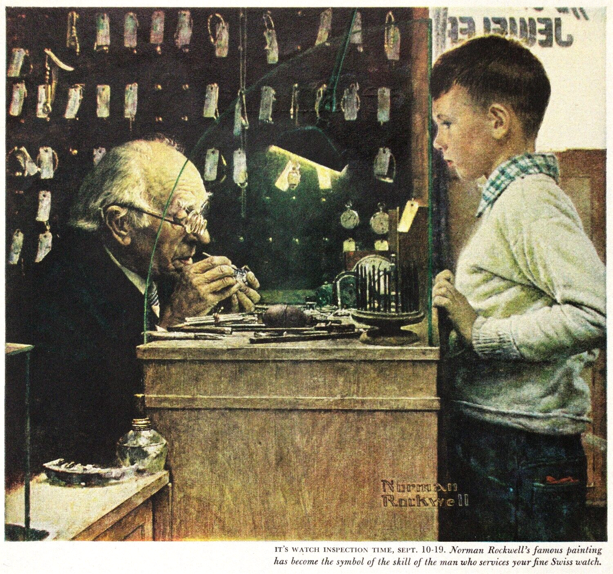 1953 Norman ROCKWELL Art Old Watchmaker Boy Switzerland Swiss Watch Vtg AD