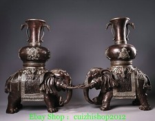 Old Tibet Pure Bronze Silver Elephant Animal Auspicious Symbol Bottle Pair