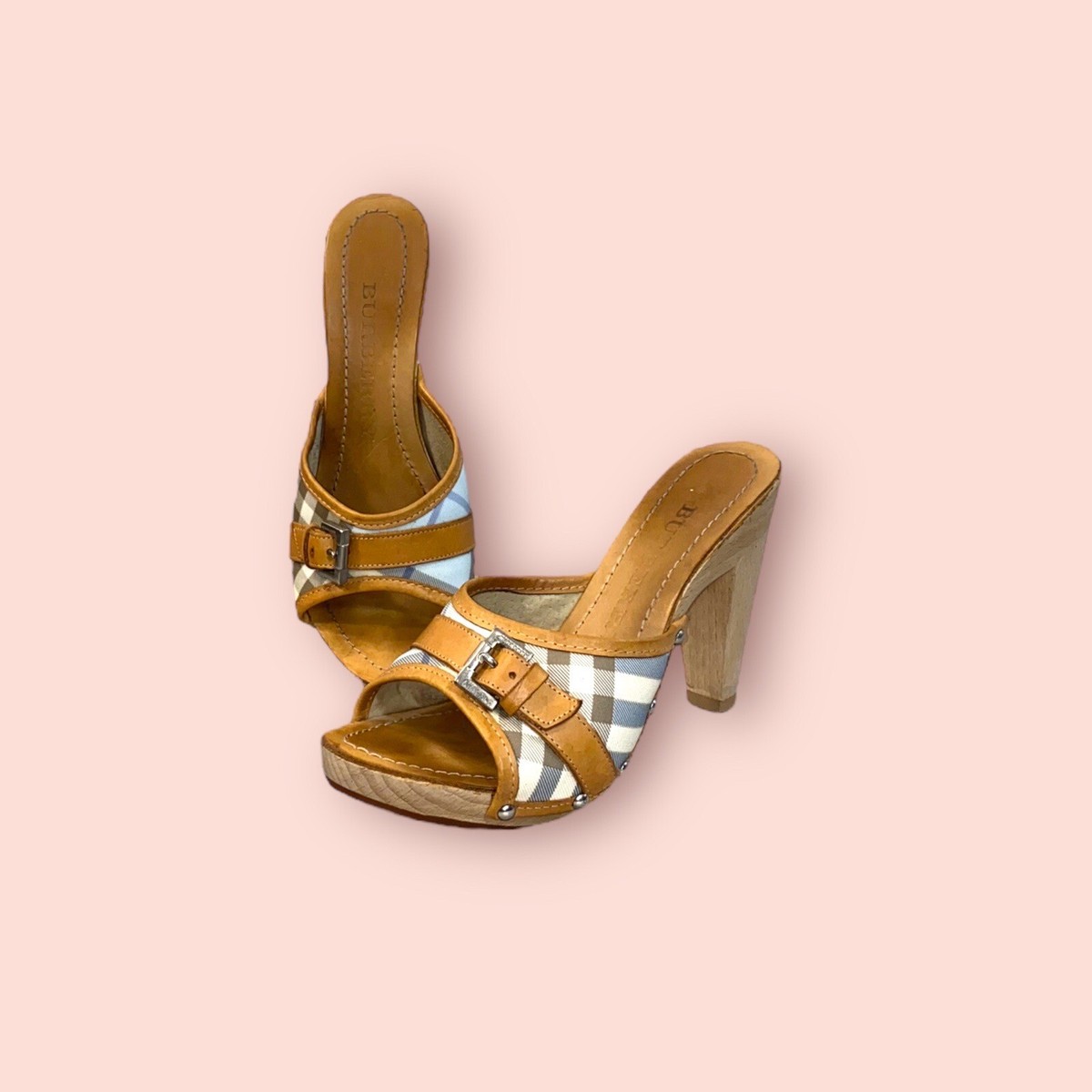 BURBERRY Vintage Beige/Light Blue Plaid Wooden Mules Slides