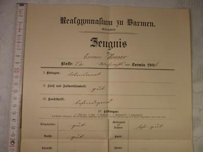 altes Zeugnis Schule Schulzeugnis Realgymasium Barmen Dokument von 1906 |  eBay.de