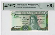 Gibraltar 1975 5 Pounds PMG Certified Banknote UNC 66 EPQ Pick 21a