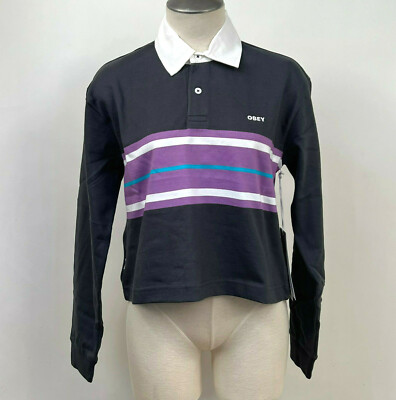 Obey Women's LS Cropped Rugby Polo Riley Navy Size XS NWT Shepard Fairey