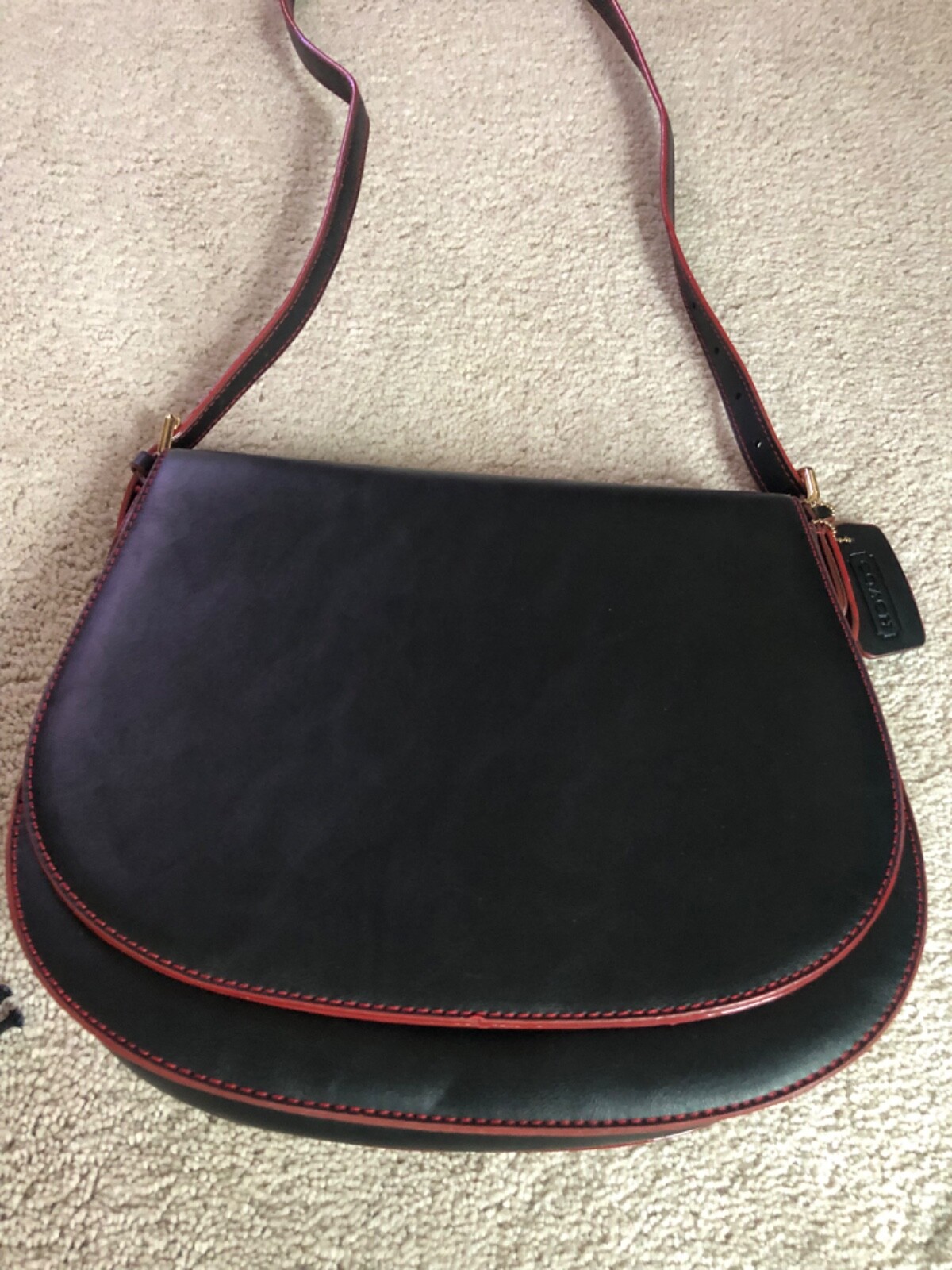 VINTAGE Coach Saddle Purse Black Leather Red Accent 11” x 10”  EUC RARE image 2