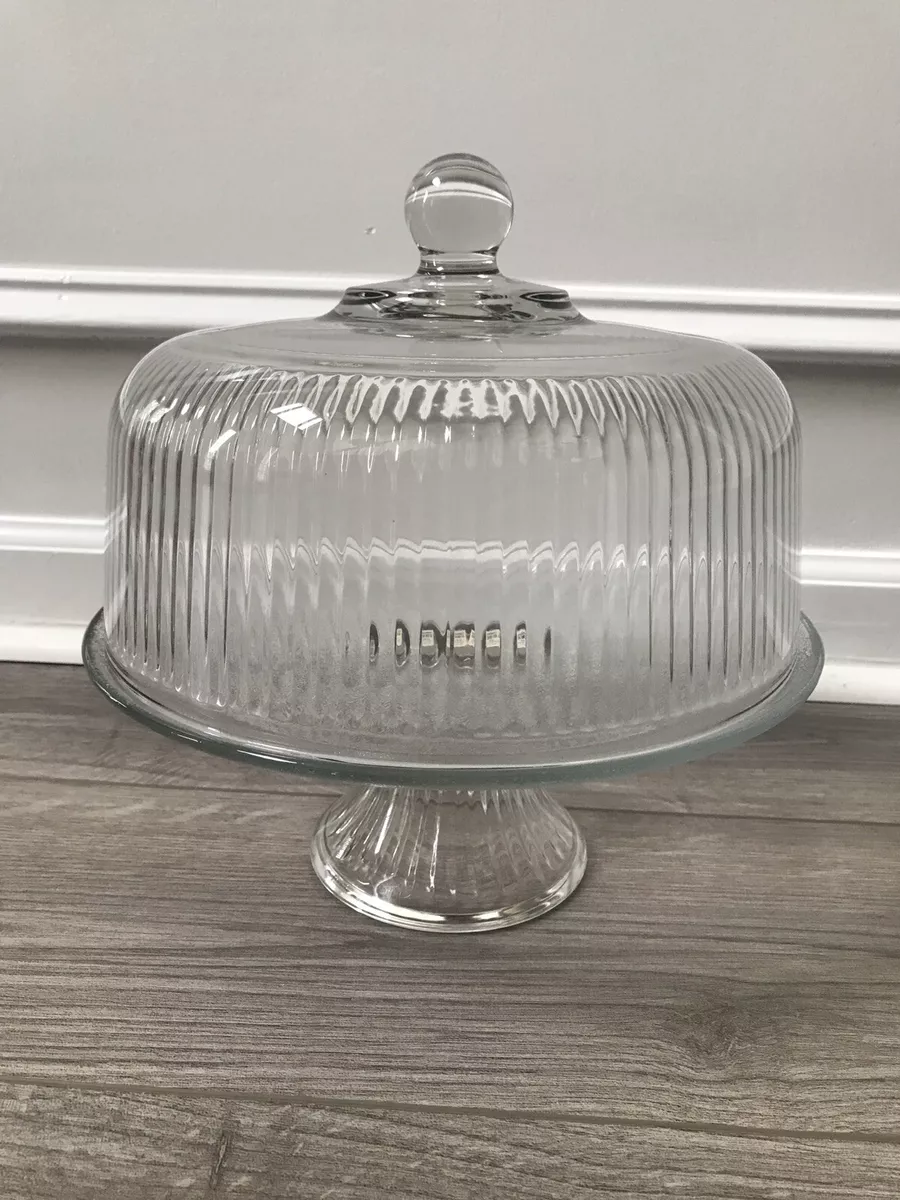 Vintage Dome Covered Pedestal Cake Plate Heavy Ribbed Glass Crate