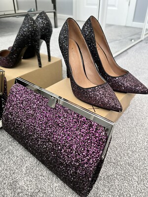 Purple glitter pointed shoes Matching Clutch Bag UK