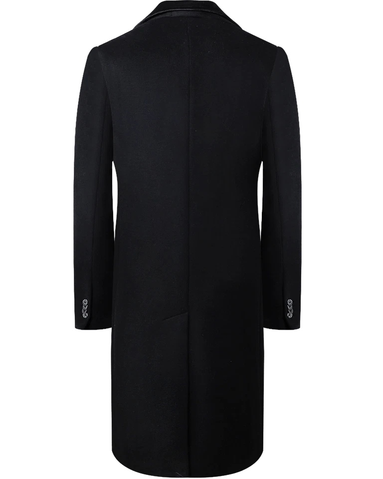 Mens Black Wool Long Covert Overcoat Warm Winter Mod Cashmere Coat Velvet Collar - Image 4 of 4
