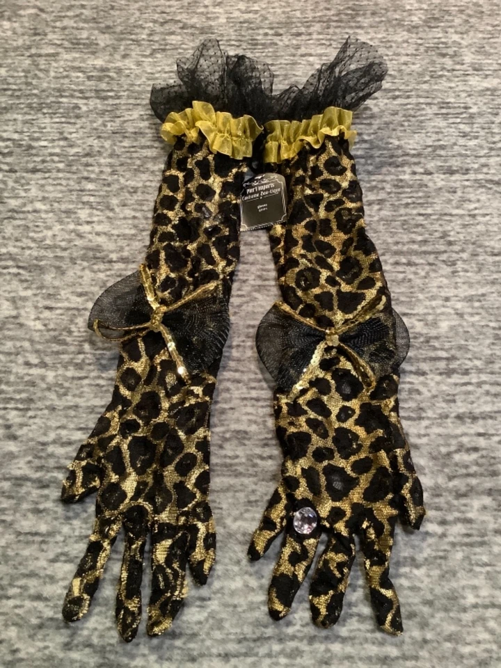Pier 1 Imports Halloween Leopardo Guantes de Encaje Lentejuelas Doradas Malla Arco OS Raro Nuevo con Etiquetas Foto 2 de 4
