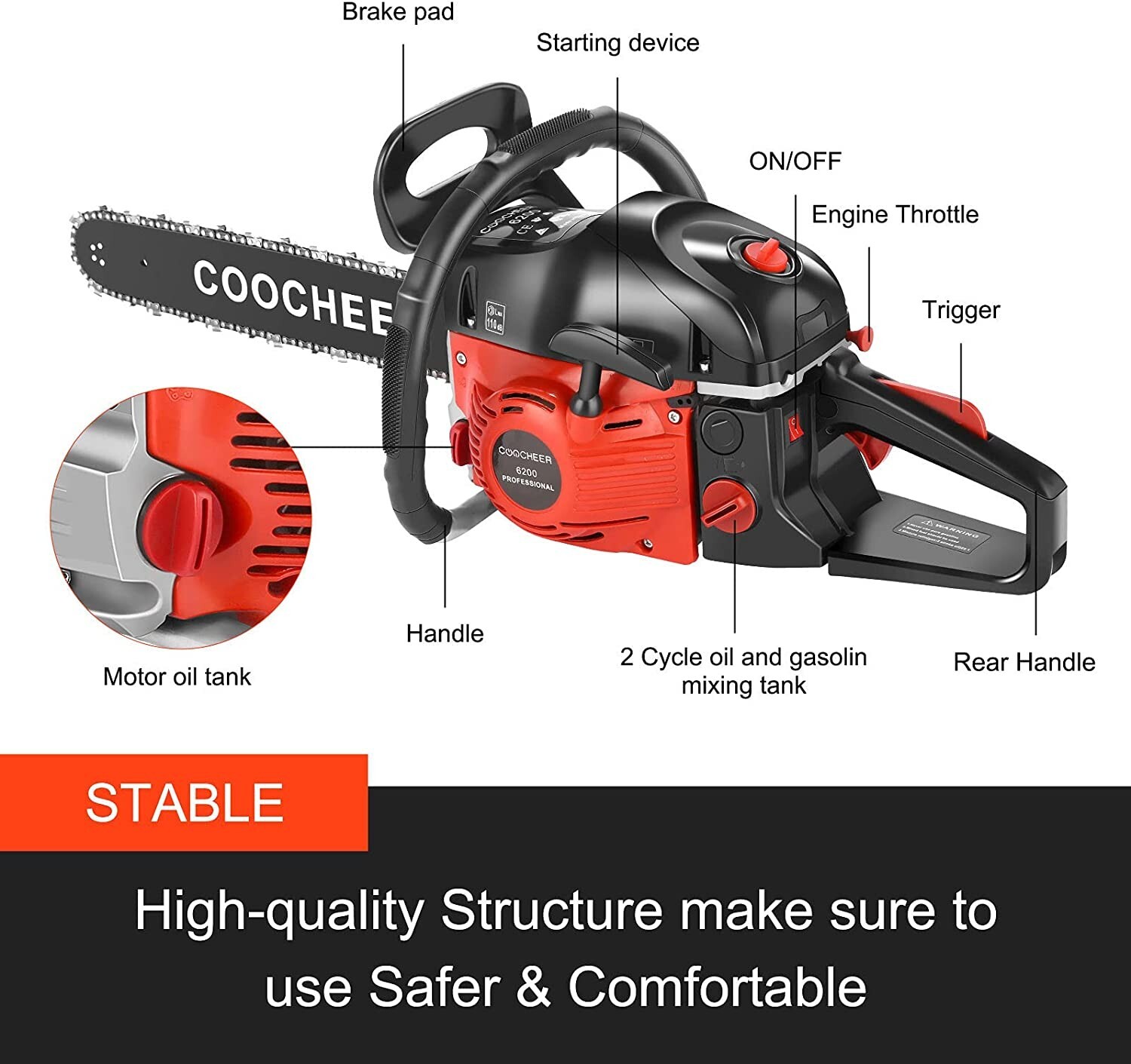 COOCHEER 62cc Gas Gasoline Chainsaw 20" Bar 2Stroke Handheld Chain