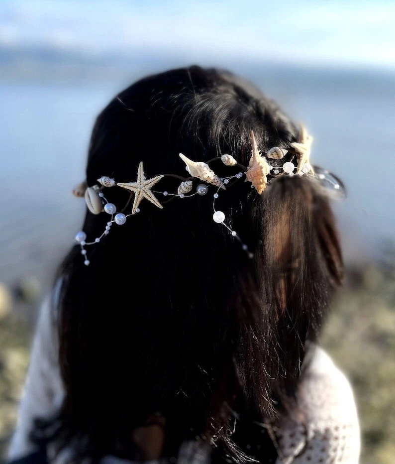 Coroa de praia boêmia, acessório de cabelo de noiva de praia, estrela do mar concha sereia  - Imagem 3 de 4