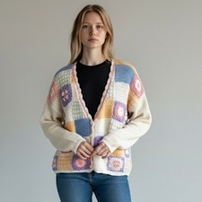 Granny Square Cardigan Sweater  Floral 3d Beige Sz Large Cottagecore VTG 90s