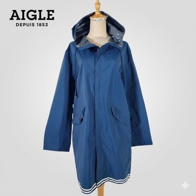 AIGLE Long Raincoat Hood Blue L Waterproof Nylon Made in France JAPAN