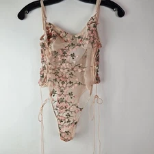 Lilosy Pink Sexy Lace Up Floral Embroidered Teddy Lingerie Sheer One Piece M
