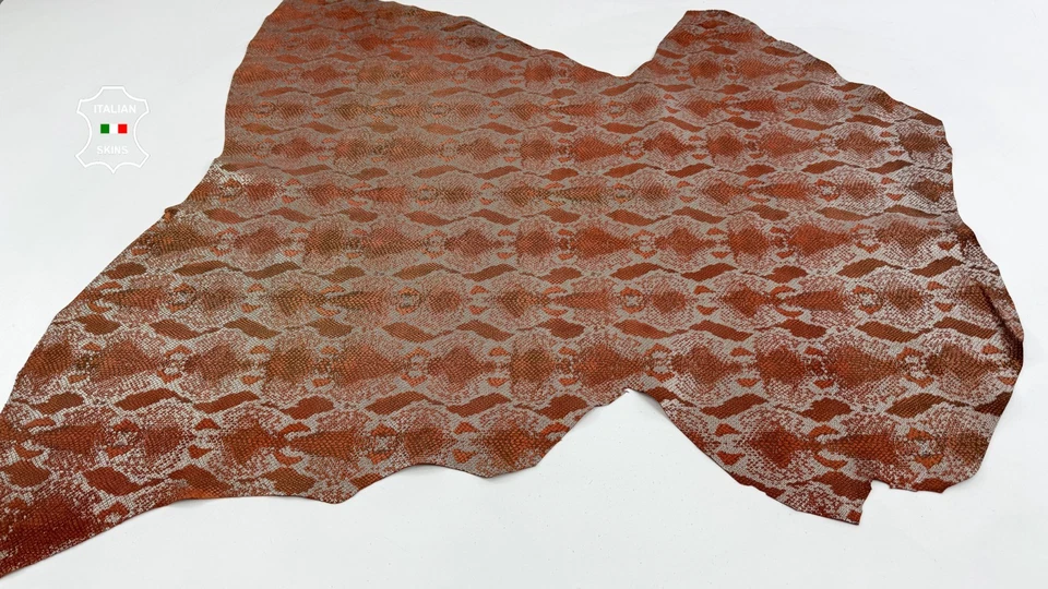 METALLIC GUNMETAL SNAKE PRINT ON TERRACOTTA Calf Leather hide 9+sqf 0.8mm #C6798 - Image 2 of 4
