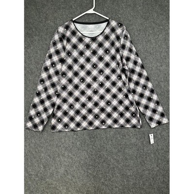 Talbots Womens XL Plaid Gold Star Long Sleeve Crewneck Cotton Top Black White