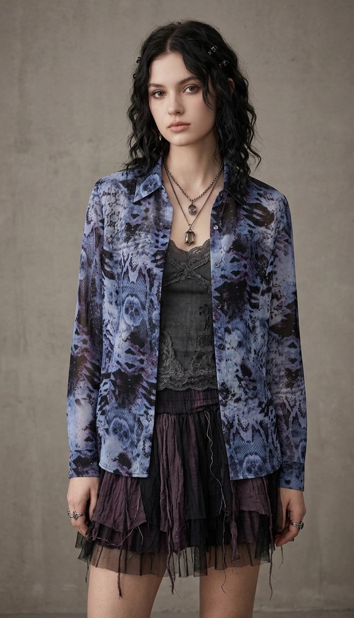 Cabi Blouse Women's Size M Blue Snake Print Sheer Top Whimsigoth Fairy Grunge