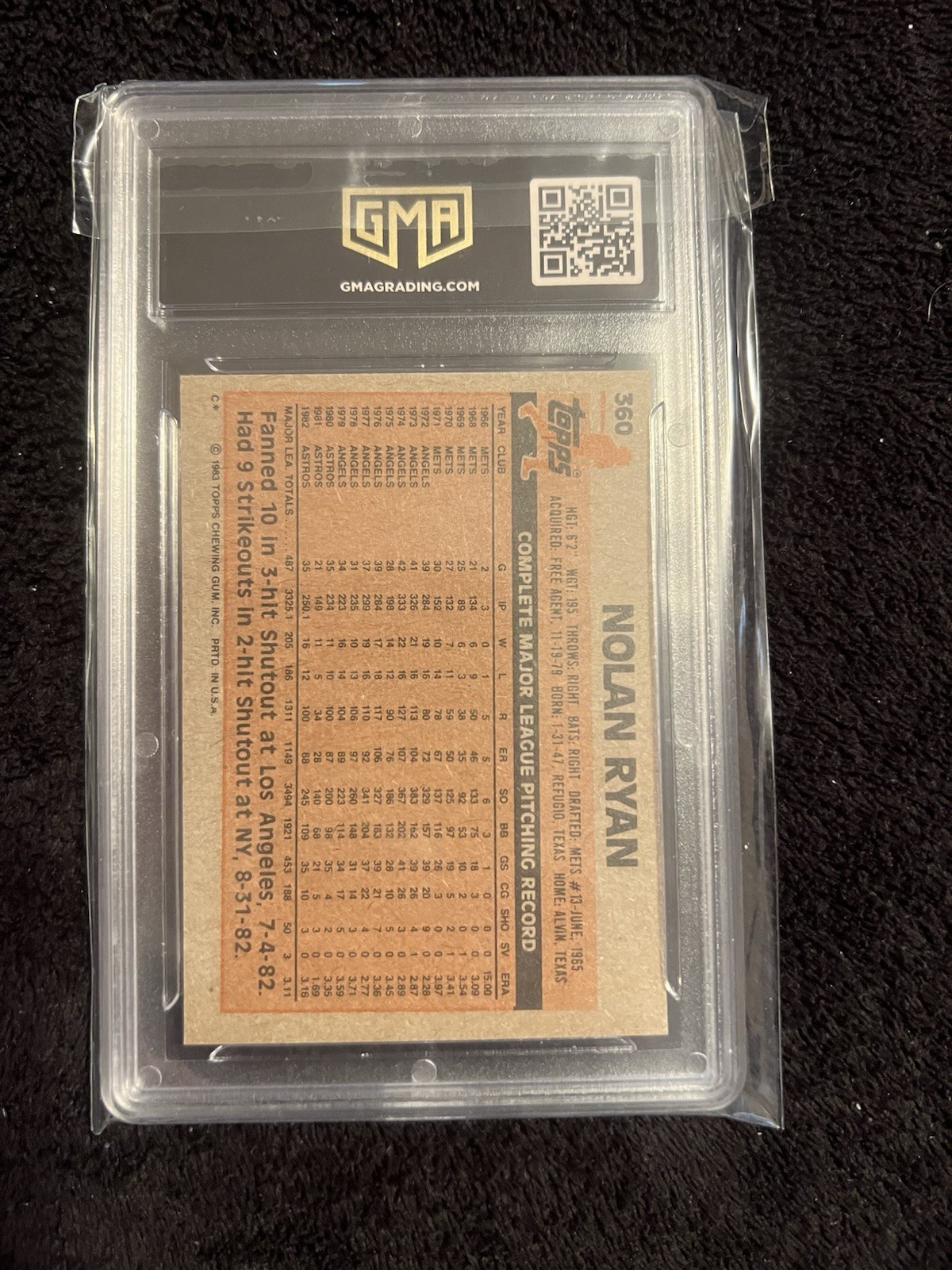 1983 Topps Nolan Ryan #360 Houston Astros - Graded GMA 8.5 NM-MT+ - Sharp Card! view 3