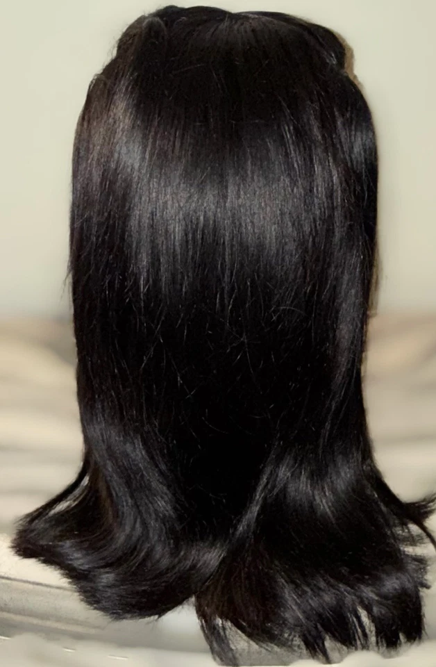 Hermosa peluca 100 % cabello humano, negro azabache, estilo recto con 2 trenzas en el frente Foto 2 de 4