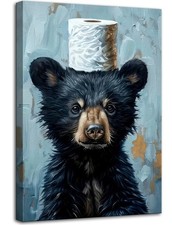 VVL Funny Bathroom Bear Wall Art Black Bear With Paper Canvas Painting Pictur...
