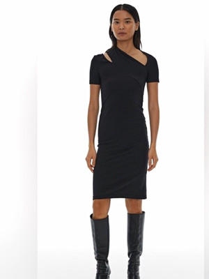 Helmut Lang Women s Black V-Neck Cutout Knit Sheath Knee Dress Stretch M