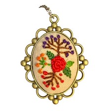 Embroidery Floral Cameo Necklace with Colorful Flowers Handmade Embroidered