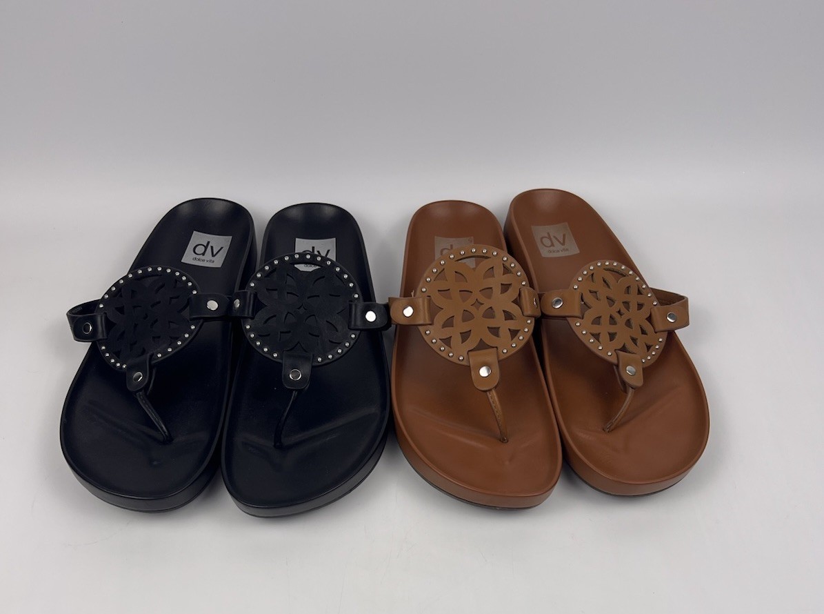 DV Dolce Vita Women's Black  BrownLeather Pandora Footbed Sandal Flip Flop Sz 9