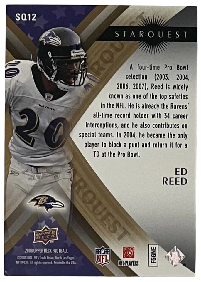 2008 Upper Deck StarQuest Rainbow Gold #SQ12 Ed Reed Baltimore Ravens - Image 2 of 2