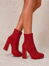 Crystals Red Rhinestone 4.5" Block Heel Mini Platform Ankle Boots