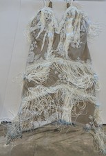 White Fringe Sequin Flapper Dress M Nude Mesh Boho Bridal Bachelorette Gatsby