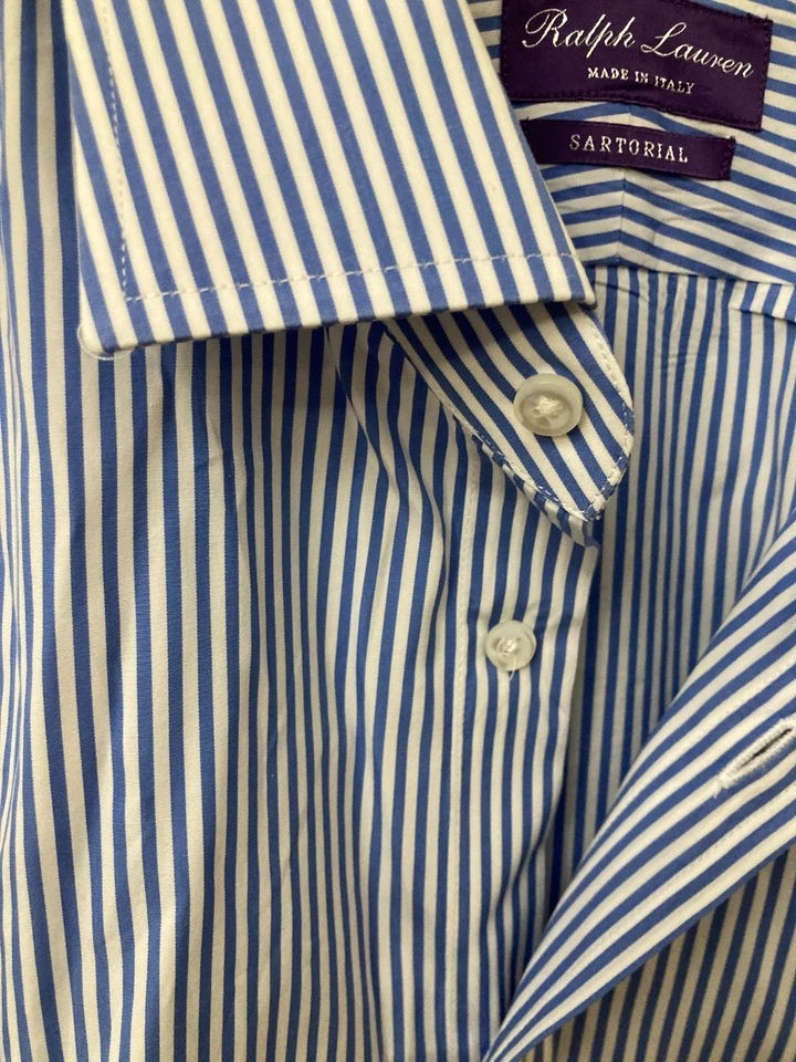 Camisa de vestir sartorial azul/blanco a rayas 17/43 ralph lauren purple label en muy buen estado Foto 4 de 4