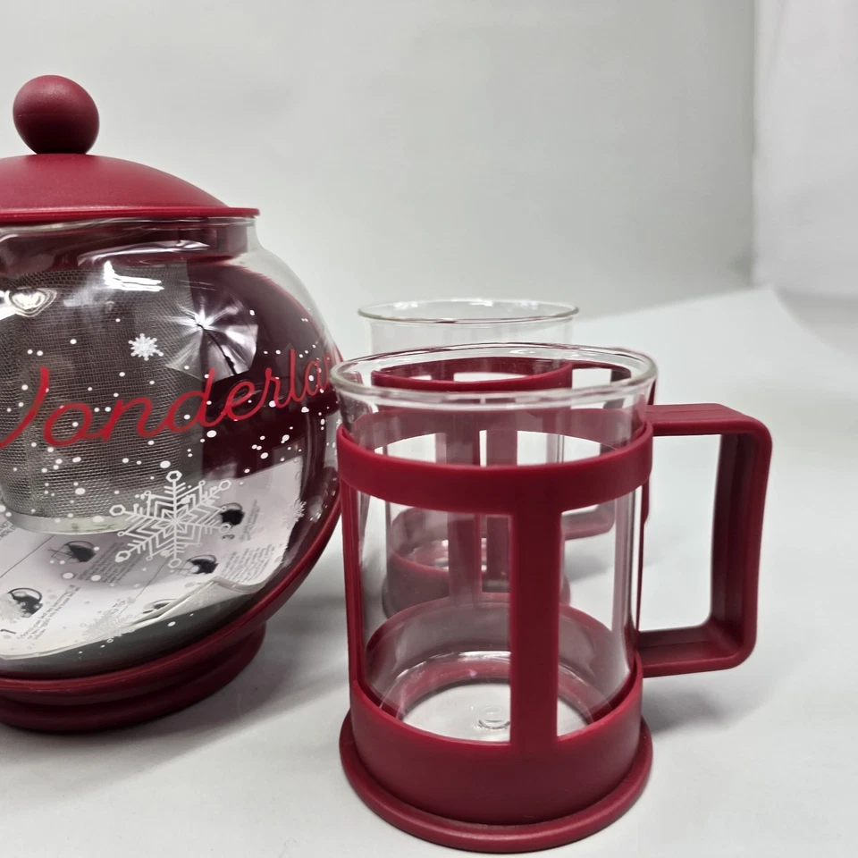 Red Winter Wonderland Half Moon Teapot Set with 4 Tea Cups Removable Filter - Image 3 of 4