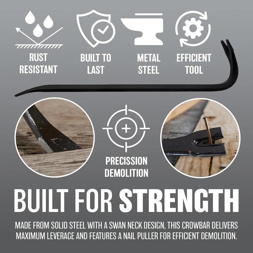 24" WRECKING BAR CROW NAIL LEVER STEEL SWAN NECK BUILDERS DIY TOOL STRONG ARM - Image 2 of 4