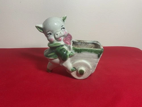 Vintage Female Pig Planter Pushing a Wheel Barrow, Ceramic Pottery