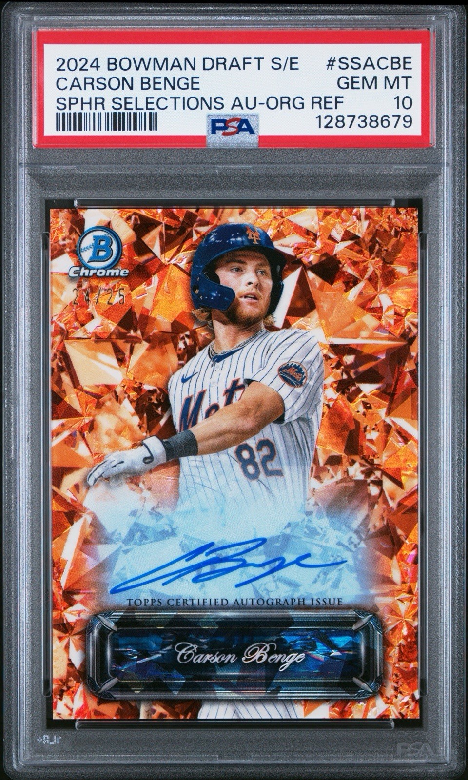 Carson Benge 2024 Bowman Draft Sapphire Selections Orange Auto /25 PSA Gem 10