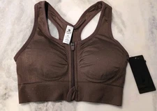 90 Degree By Reflex Seamless Katie Zip Bra Front Brown Women's Size Medium New